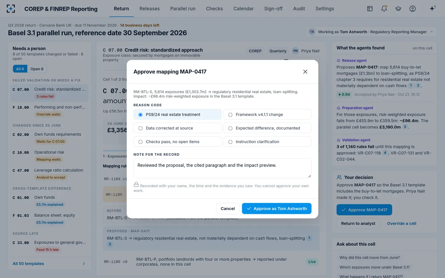 COREP & FINREP Reporting — Approve with a reason code