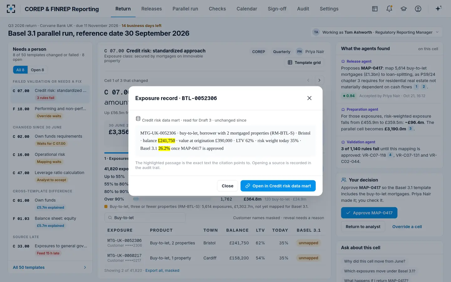 COREP & FINREP Reporting — An exposure and its source record