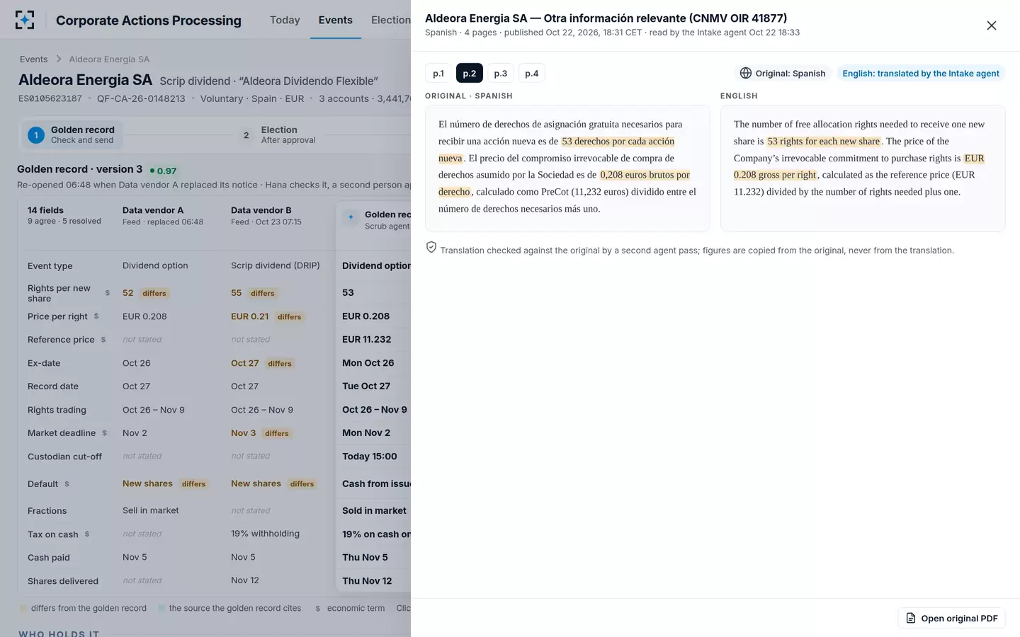 Corporate Actions Processing — The issuer’s notice, in Spanish and English