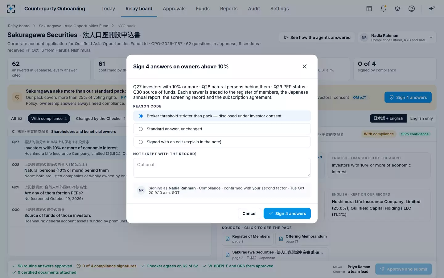 Counterparty Onboarding — Compliance signs with a reason code