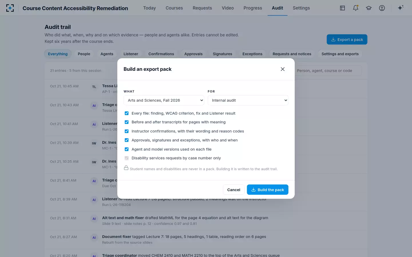 Course Content Accessibility Remediation — Audit trail and a redacted export pack