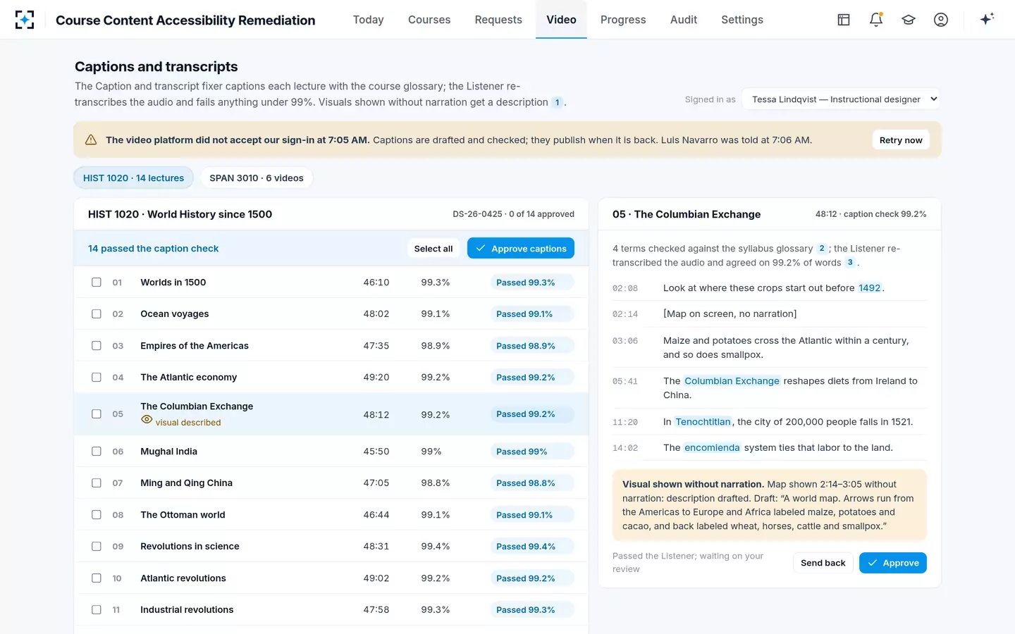 Course Content Accessibility Remediation — Lecture captions checked against the course glossary, with silent visuals described