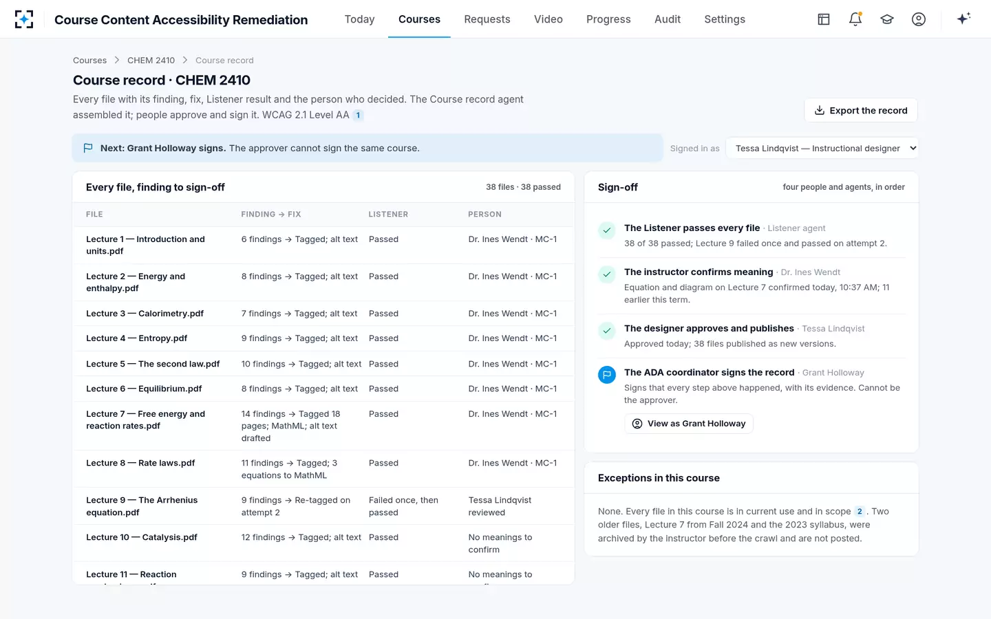 Course Content Accessibility Remediation — The course record: approved by the designer, signed by the ADA coordinator