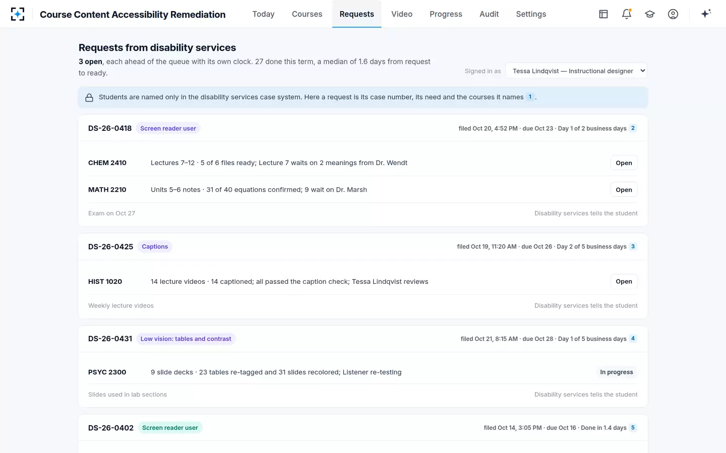 Course Content Accessibility Remediation — Disability services requests go ahead of the queue