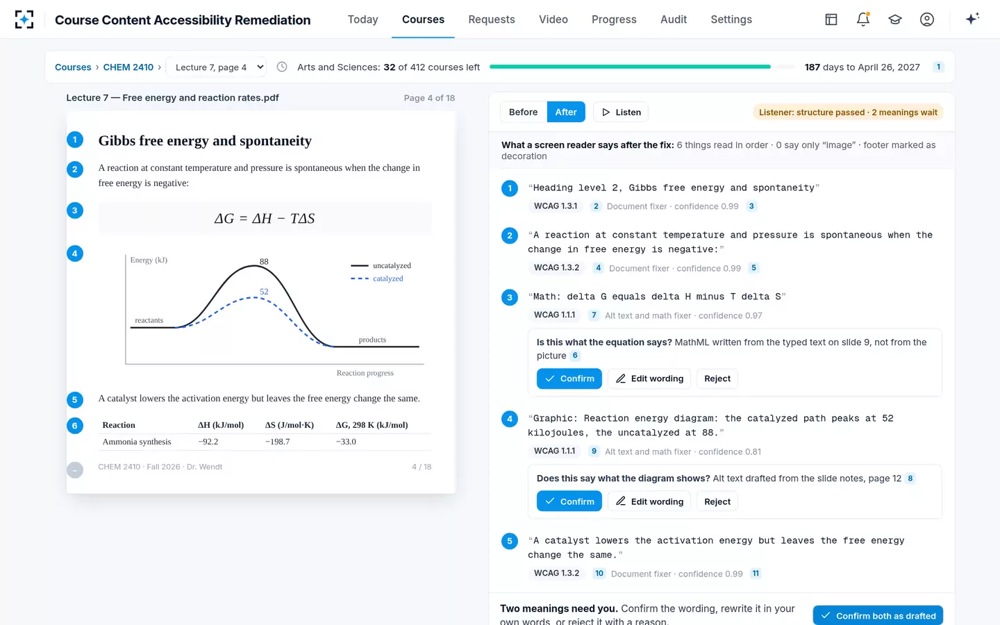 Course Content Accessibility Remediation — The instructor confirms what the equation and diagram mean