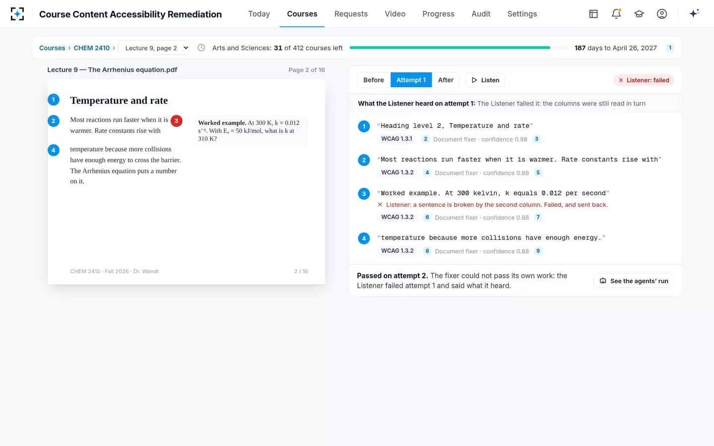 Course Content Accessibility Remediation — Screen reader testing that a fixer cannot pass for itself