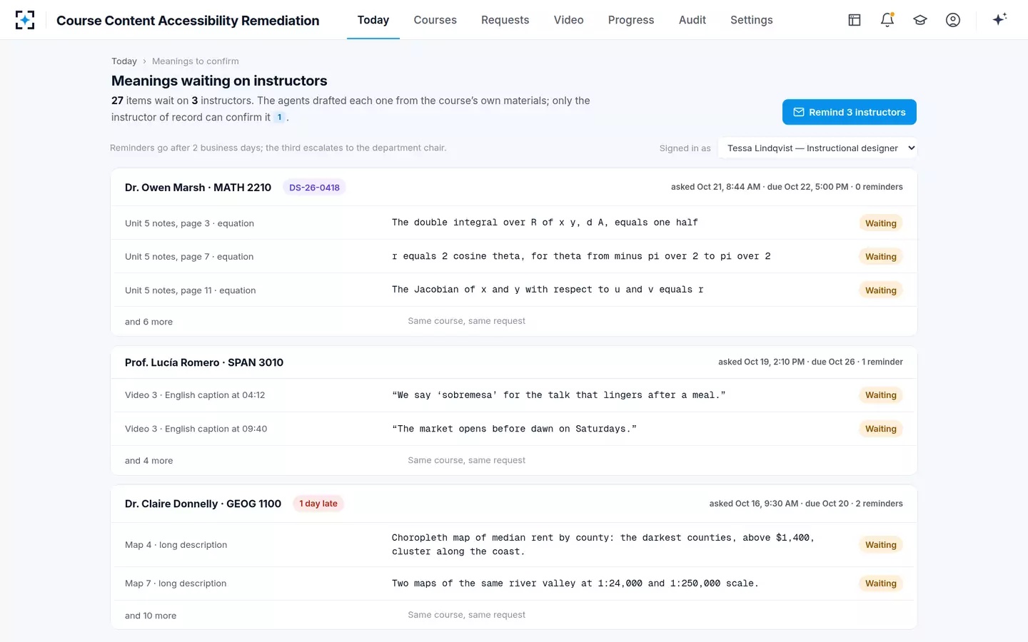 Course Content Accessibility Remediation — Meanings waiting on instructors, with clocks and reminders
