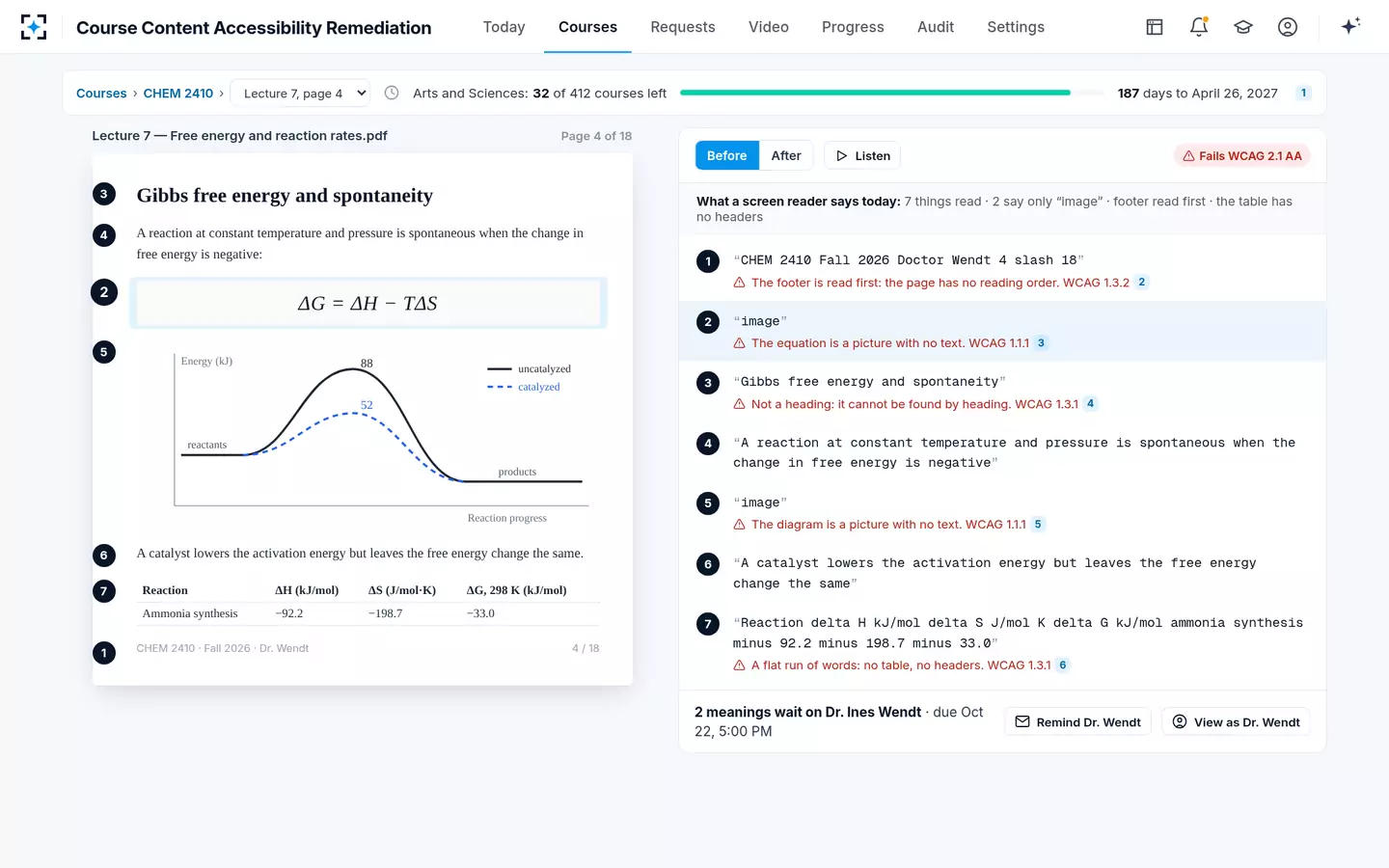 Course Content Accessibility Remediation — What a screen reader says today: the page beside its transcript
