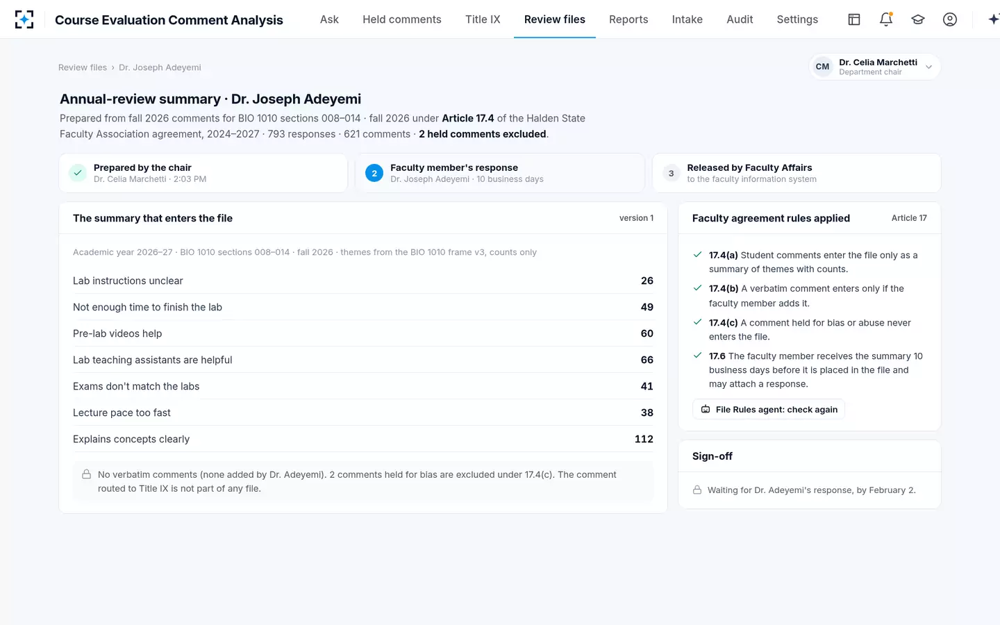 Course Evaluation Comment Analysis — Annual-review summaries that follow the faculty agreement