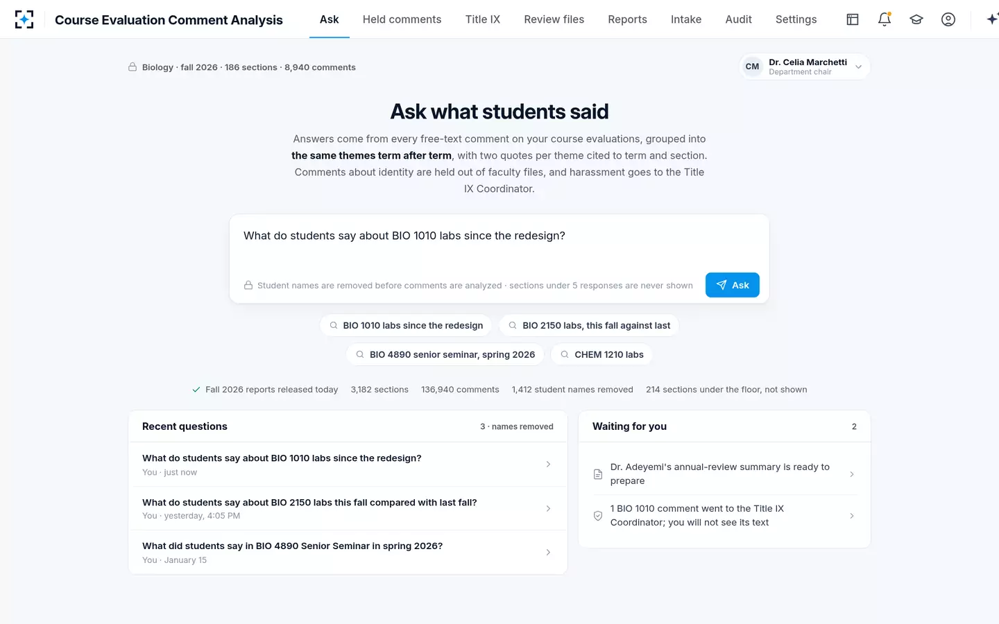 Course Evaluation Comment Analysis — Ask in plain words about any course in your scope