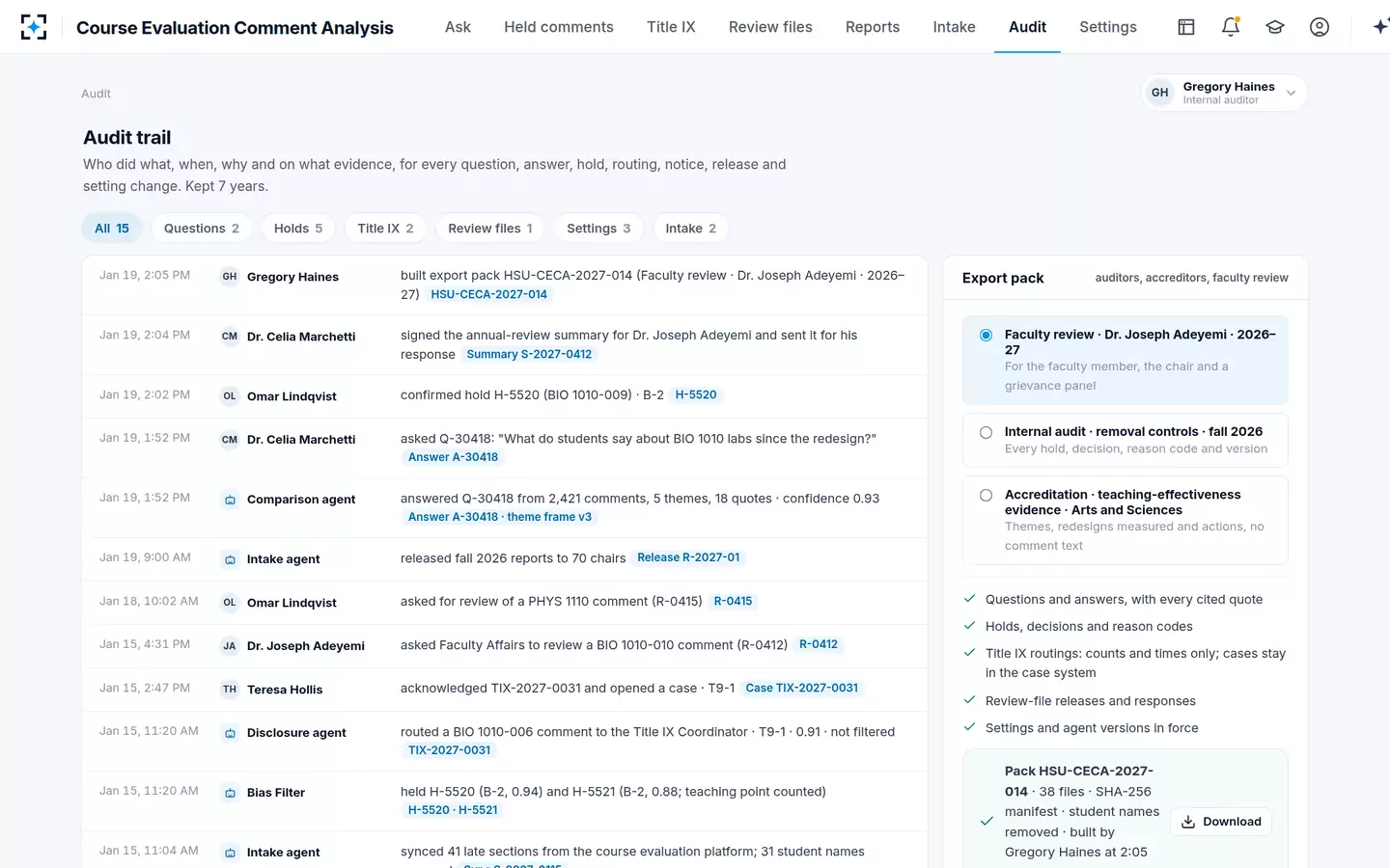 Course Evaluation Comment Analysis — Every question, hold and routing in the audit trail, with an export pack