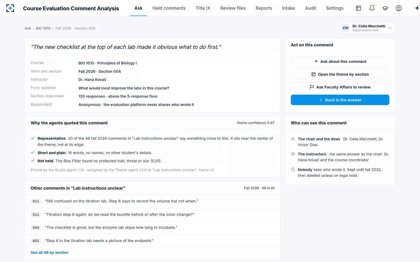 Course Evaluation Comment Analysis — Every quote opens in context, with why the agents chose it