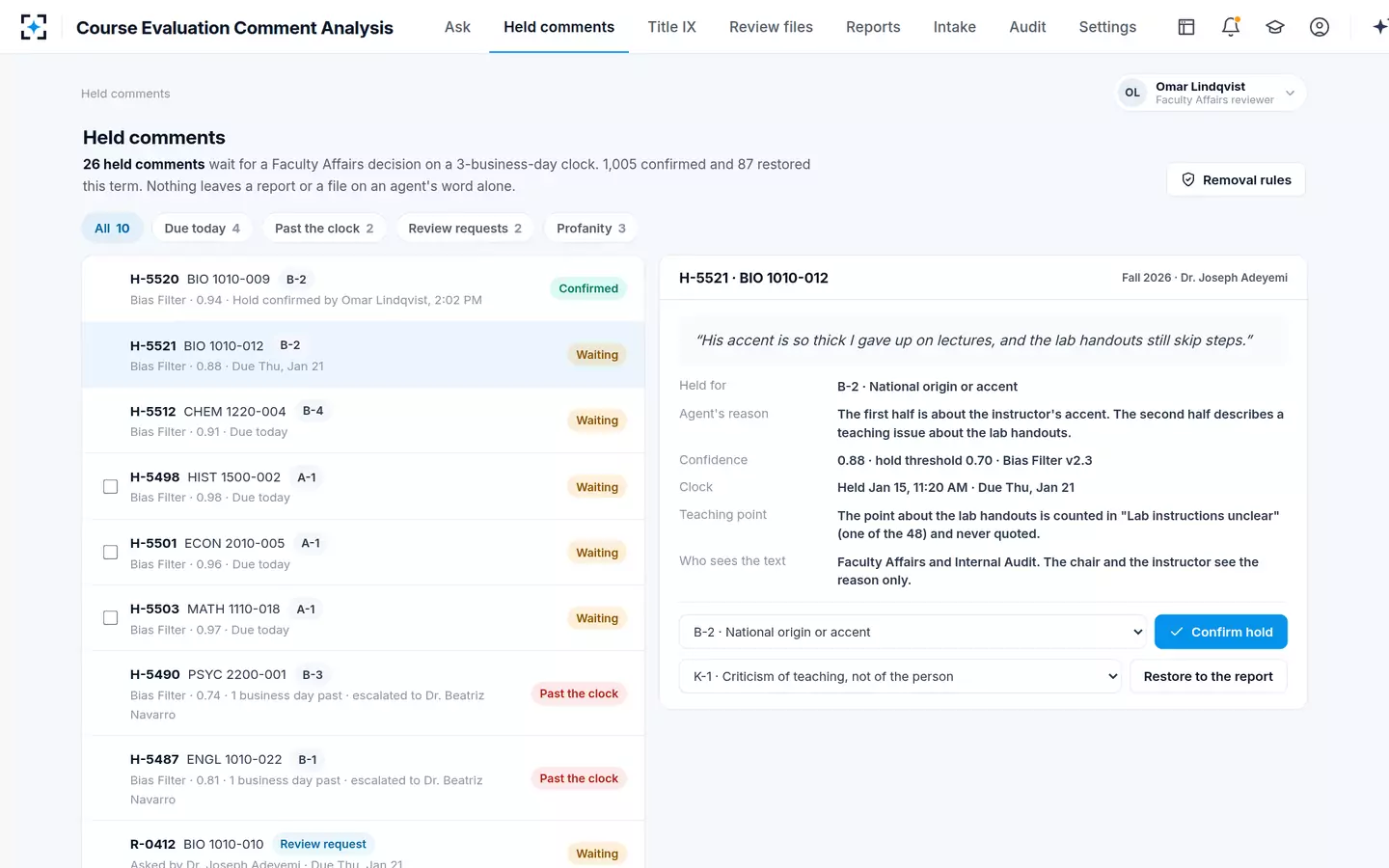 Course Evaluation Comment Analysis — A second person in Faculty Affairs confirms every hold
