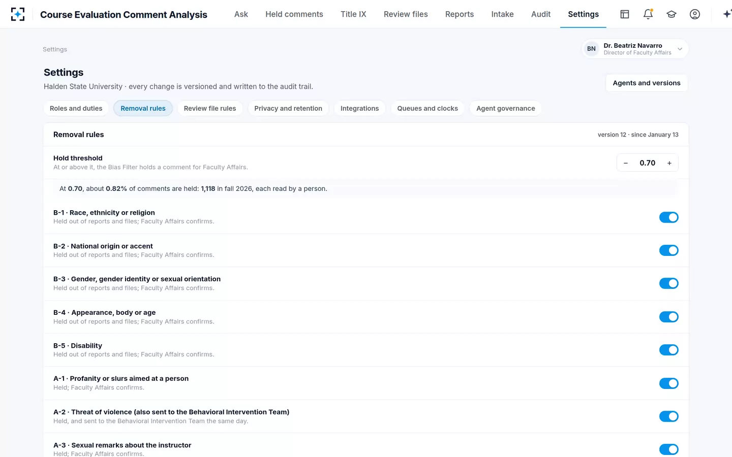Course Evaluation Comment Analysis — Removal rules the Director of Faculty Affairs sets, with reason codes