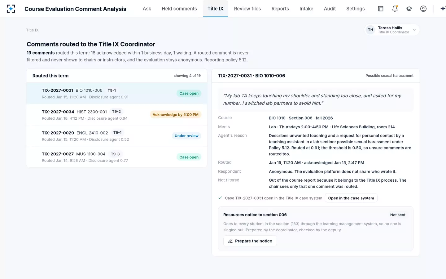 Course Evaluation Comment Analysis — Harassment disclosures go to the Title IX Coordinator, never to the filter