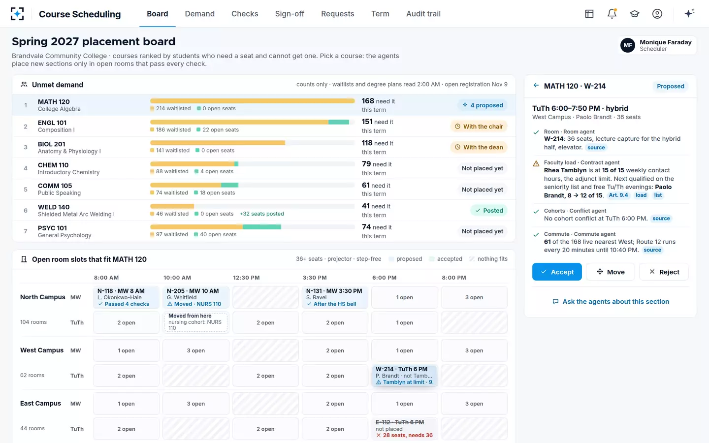 Course Scheduling — Each proposed section's four checks, with the agent that made them and the source