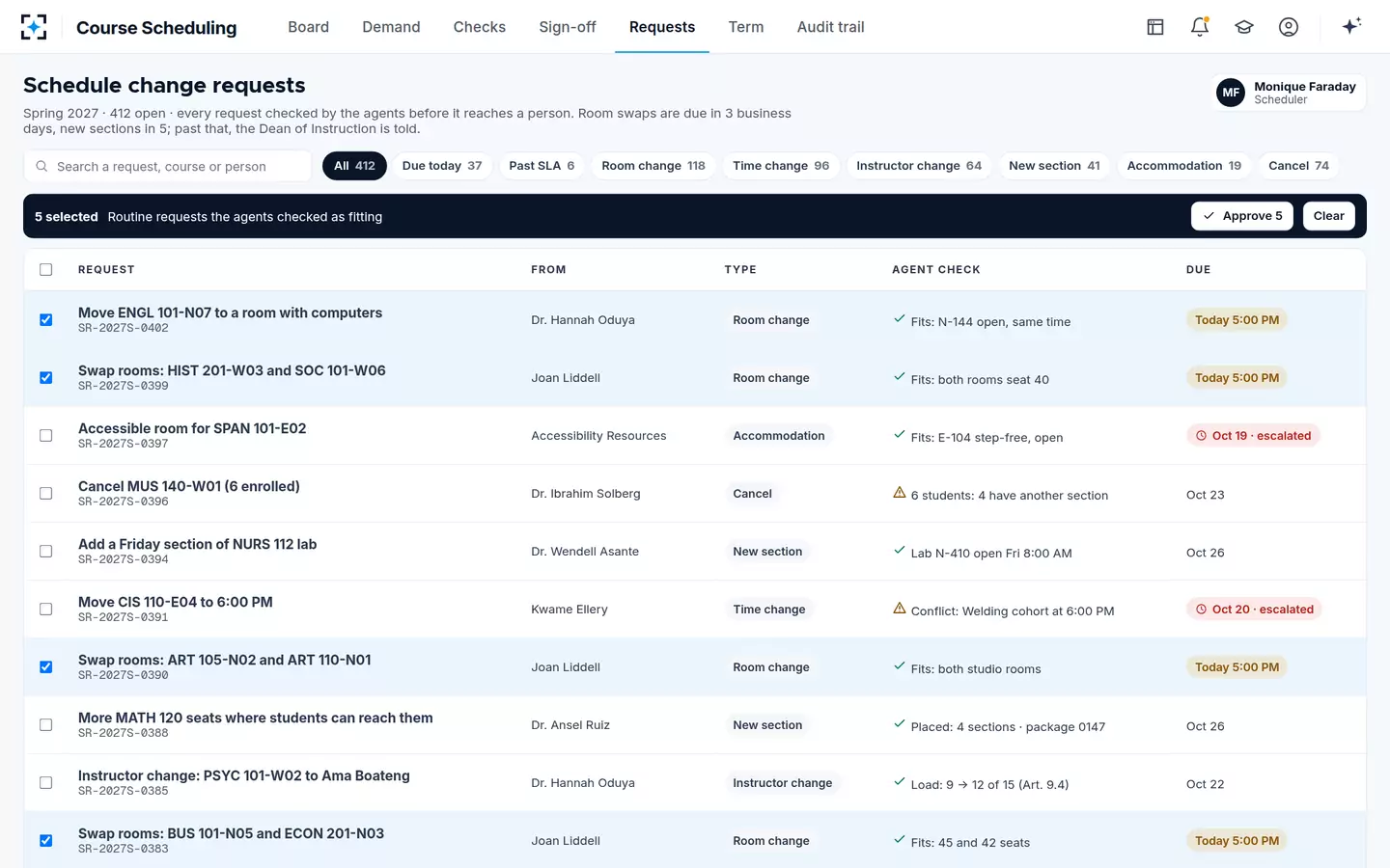 Course Scheduling — Every schedule change request in one queue, with SLAs, escalations and bulk approval
