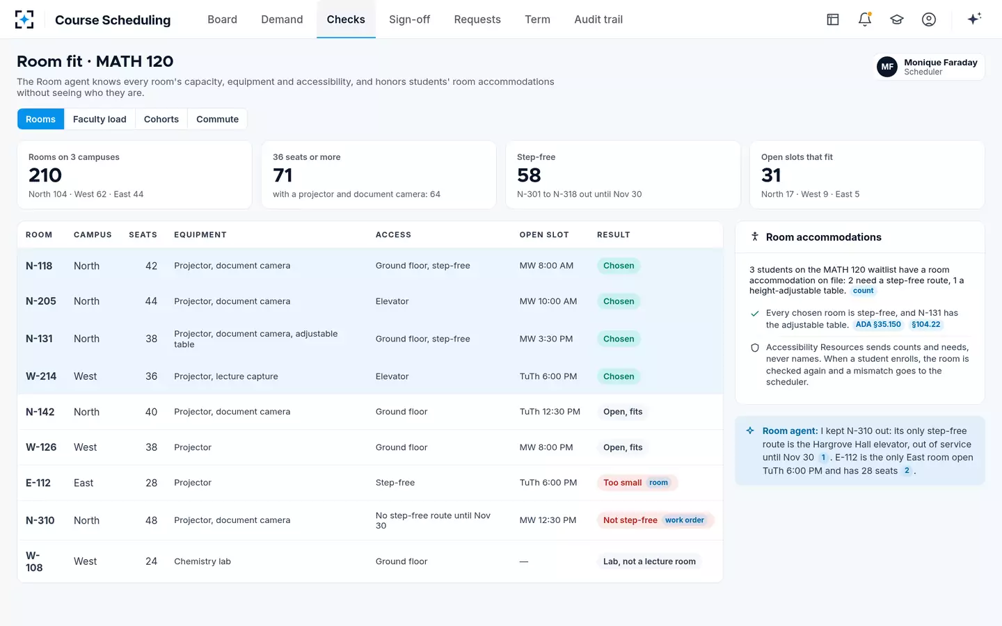 Course Scheduling — Classroom scheduling by capacity, equipment and step-free access