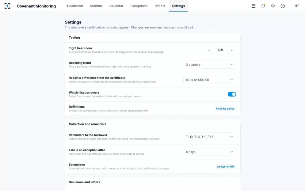Covenant Monitoring — Your rules