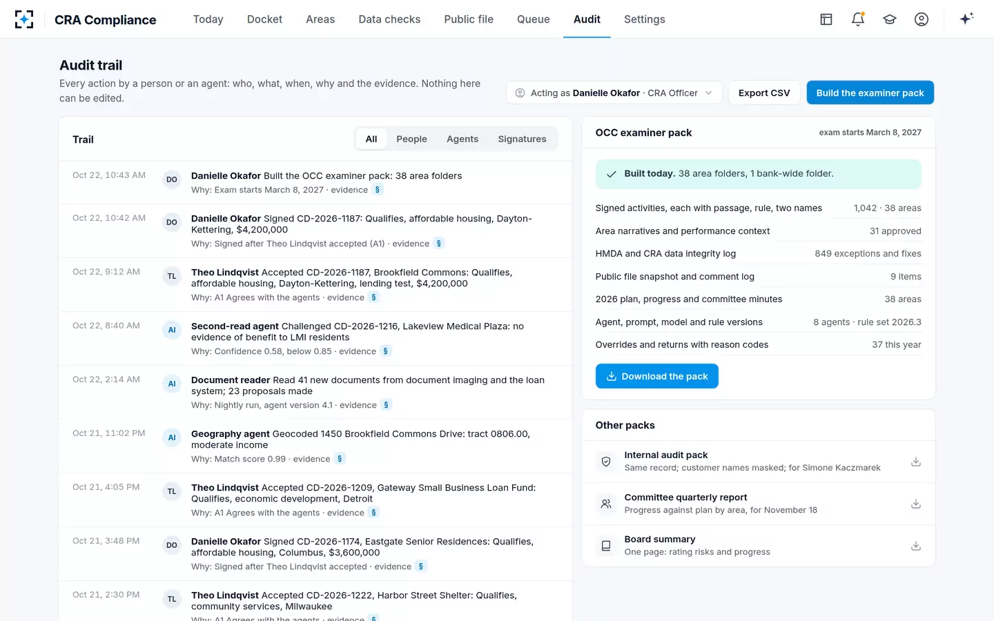 CRA Compliance — The audit trail and the OCC examiner pack