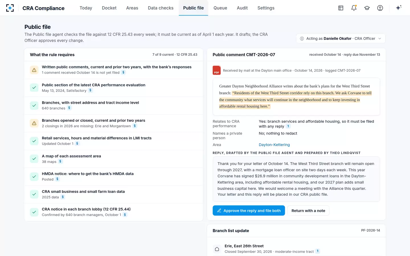 CRA Compliance — The CRA public file kept current, and a comment answered
