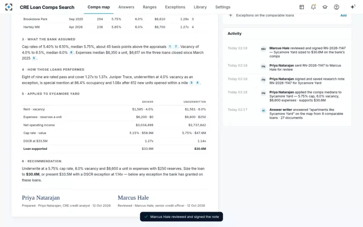 CRE Loan Comps Search — The research note, signed
