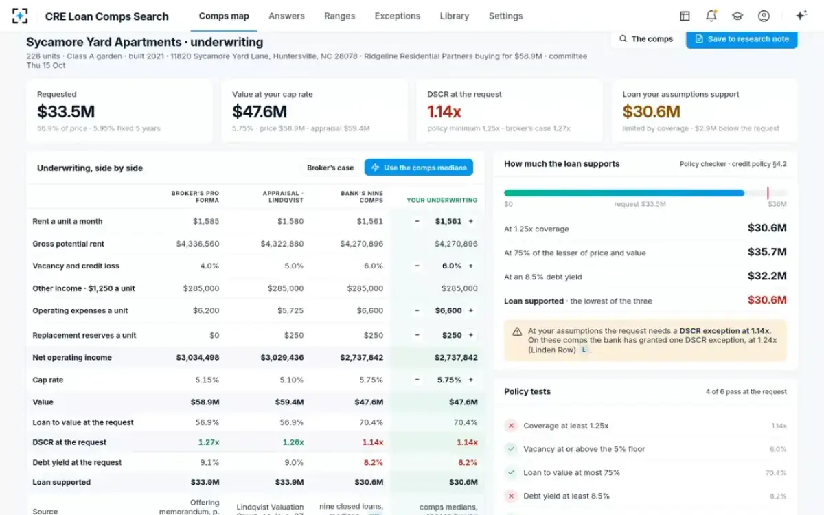 CRE Loan Comps Search — Sizing on the bank’s numbers