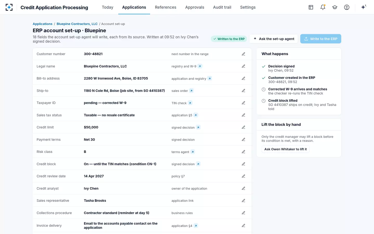 Credit Application Processing — ERP account set-up