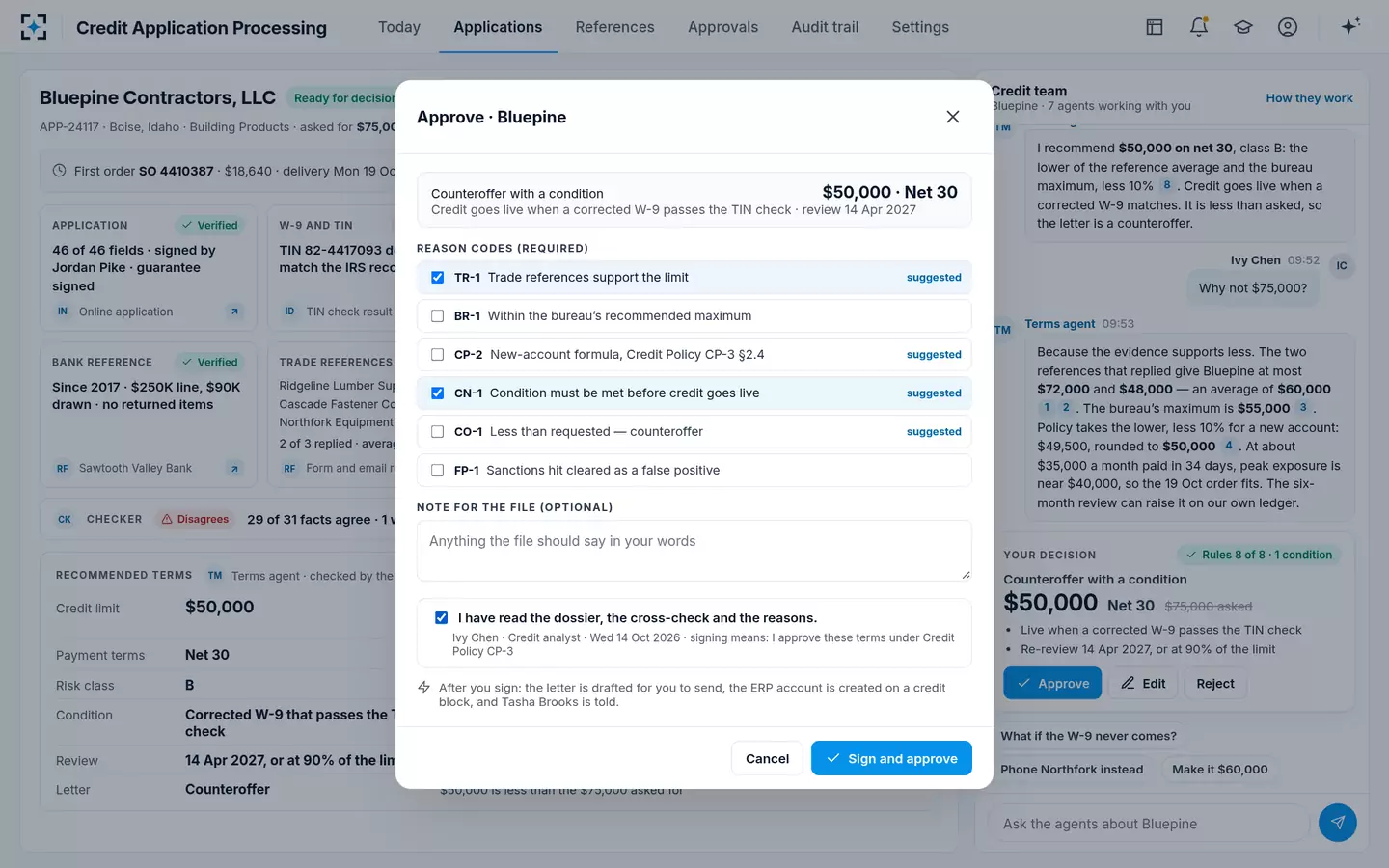 Credit Application Processing — Approve with reason codes