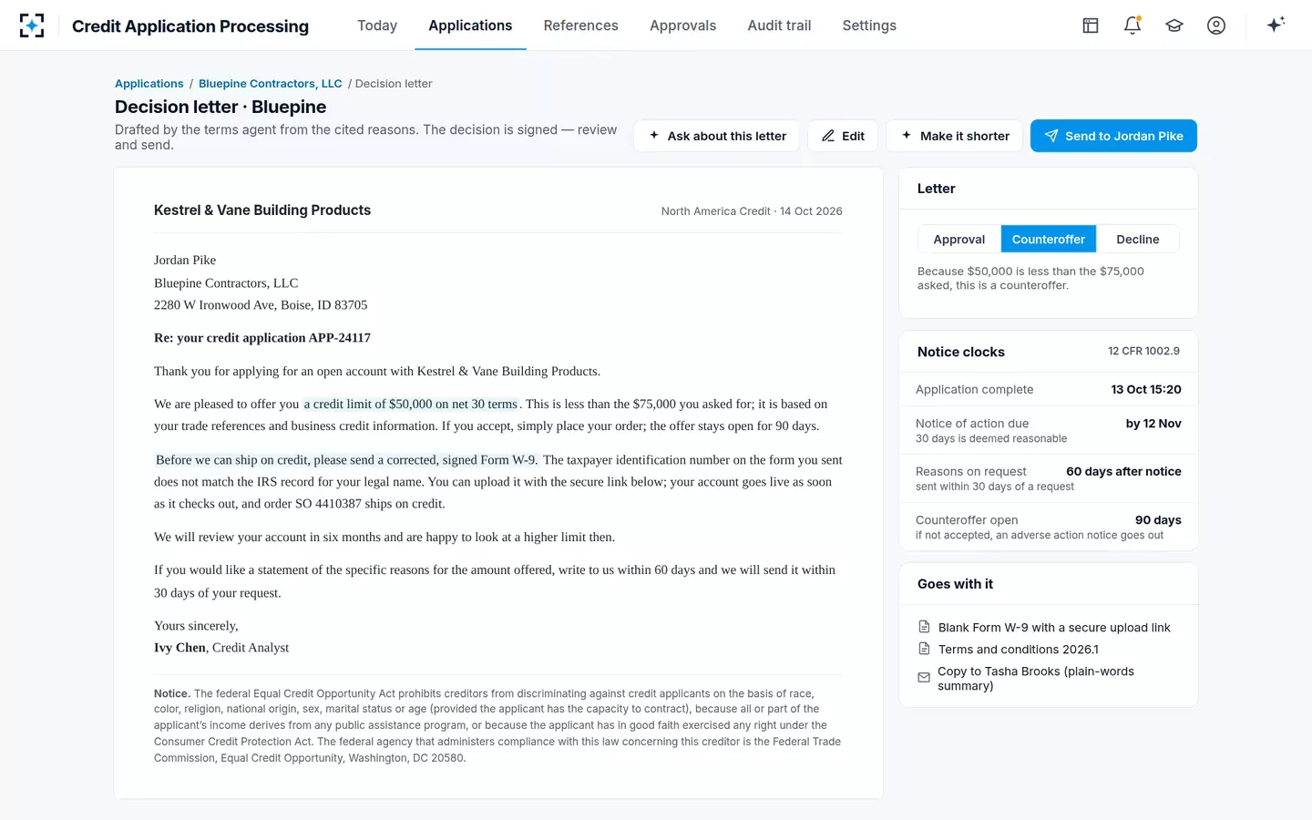 Credit Application Processing — The decision letter