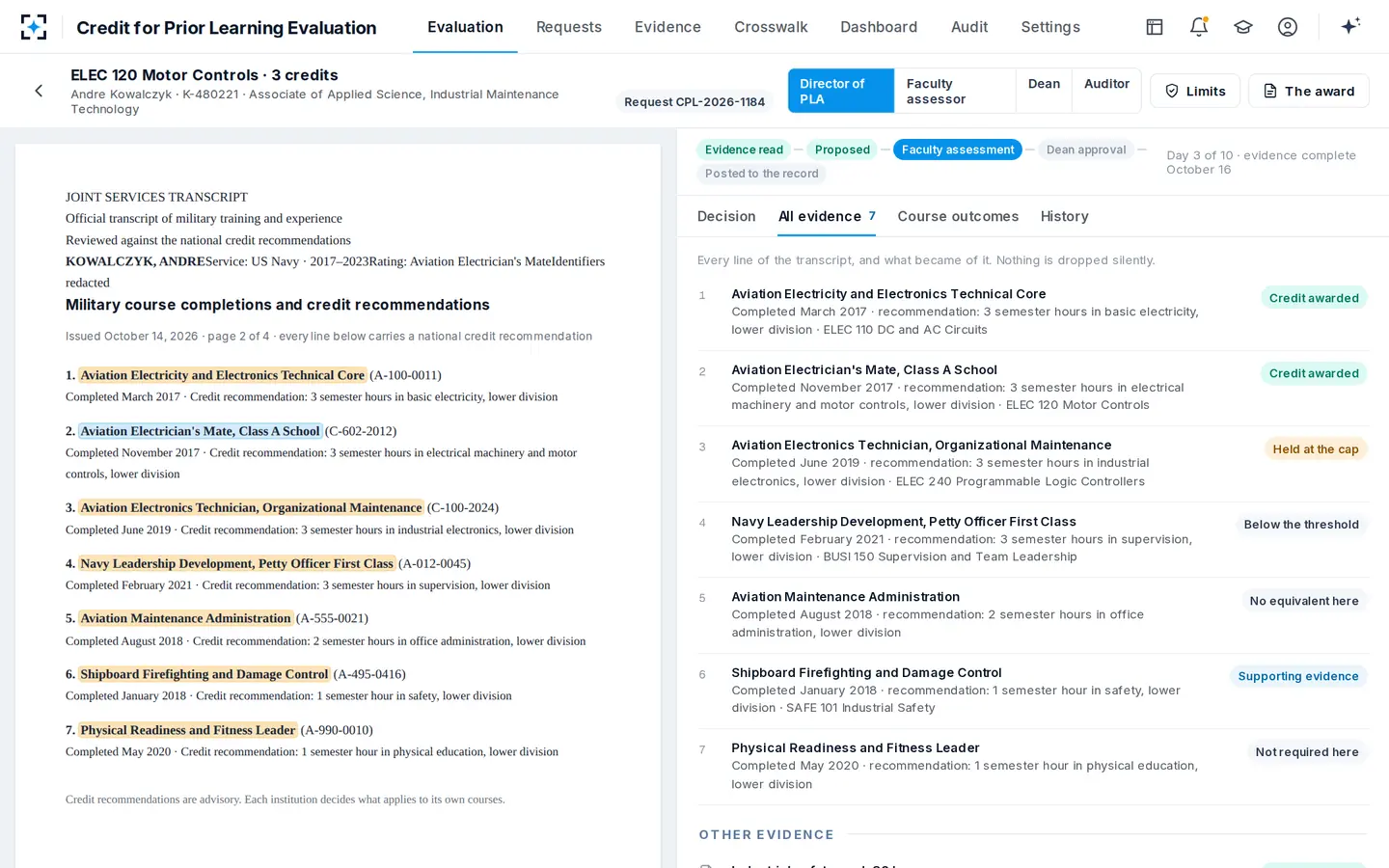 Credit for Prior Learning Evaluation — All seven transcript lines, and what became of each