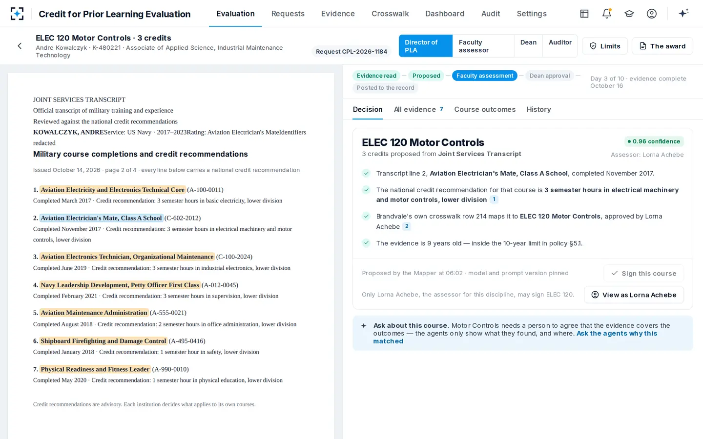 Credit for Prior Learning Evaluation — One course, the transcript page beside it