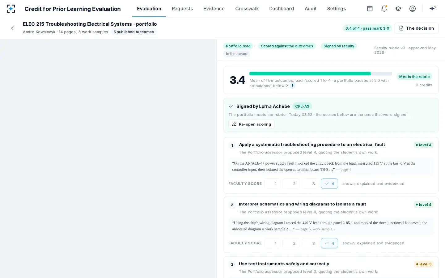 Credit for Prior Learning Evaluation — A portfolio scored against the published outcomes