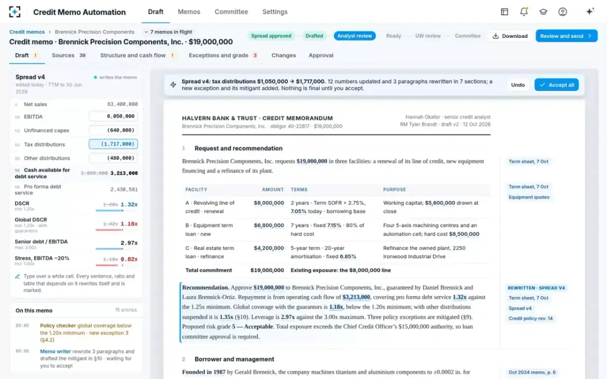Credit Memo Automation — One spread change, the memo rewritten