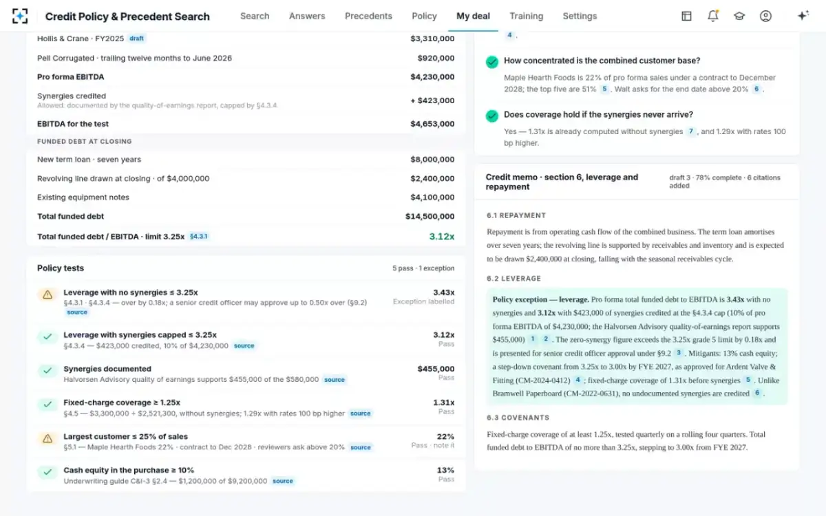 Credit Policy & Precedent Search — Policy tests and the memo