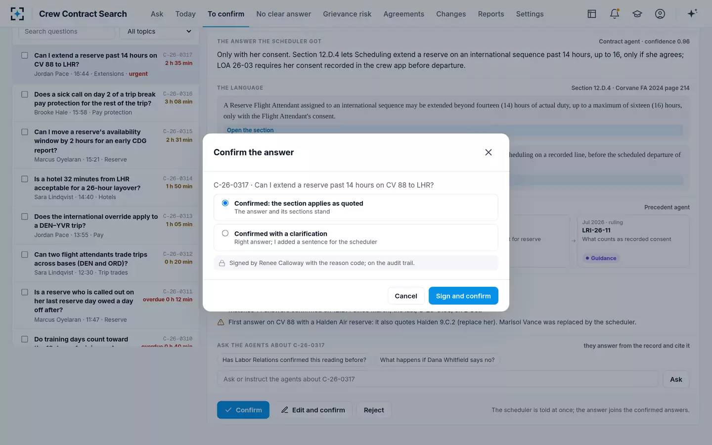 Crew Contract Search — Confirm with a reason code