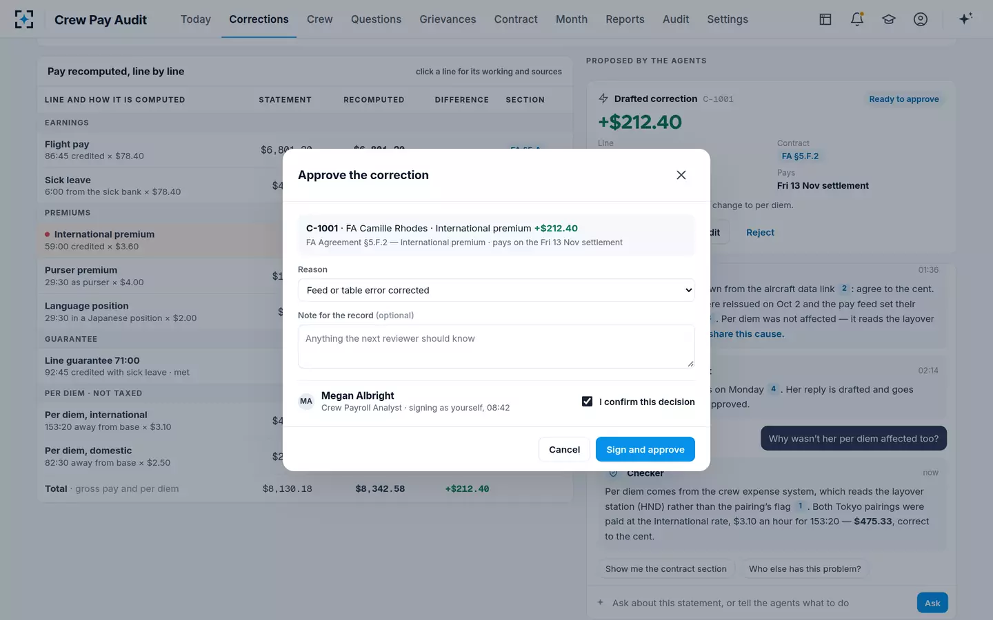 Crew Pay Audit — Approve with a reason and a signature