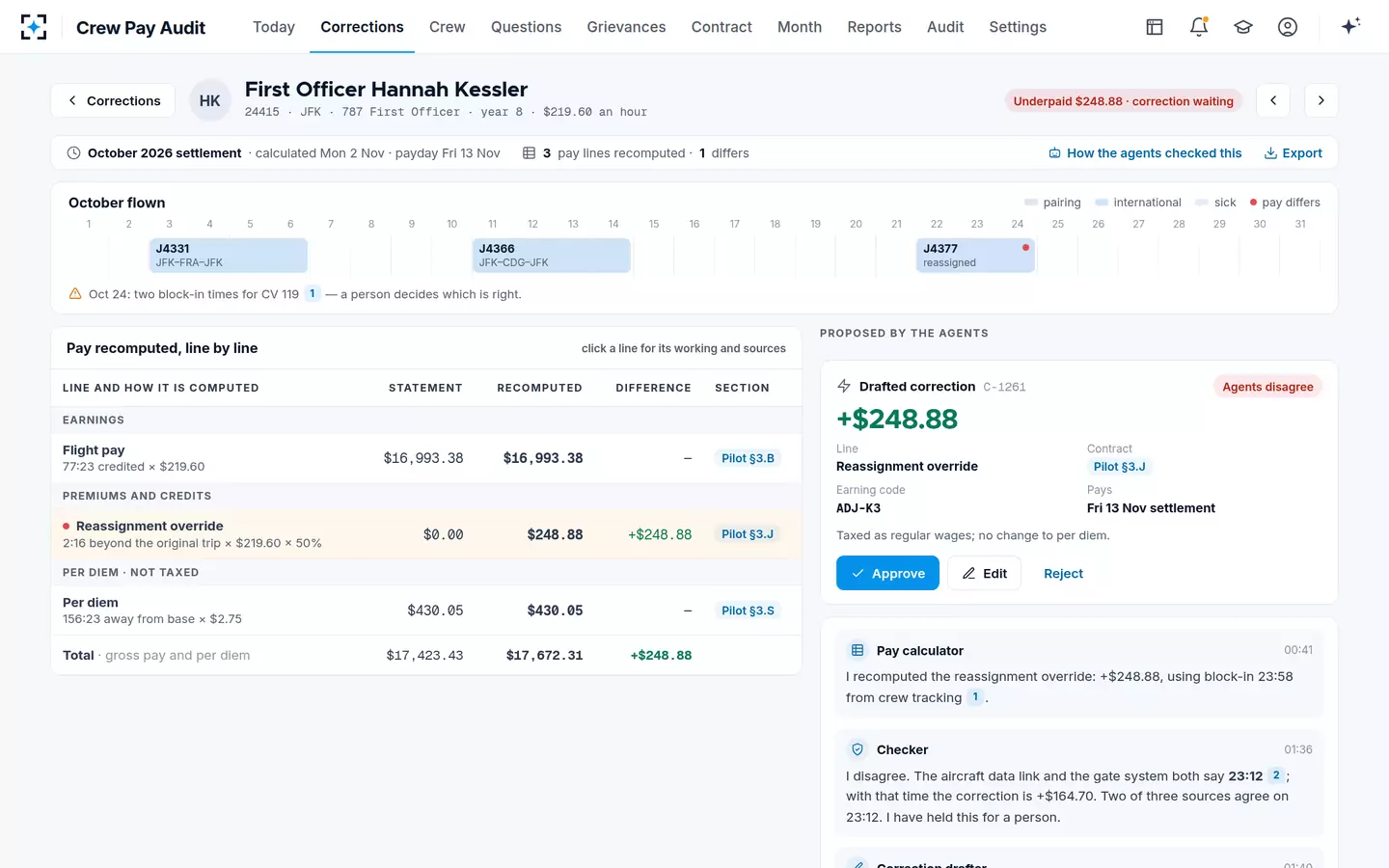 Crew Pay Audit — Where the agents disagree