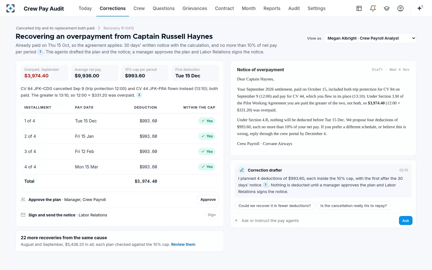 Crew Pay Audit — Crew overpayment recovery