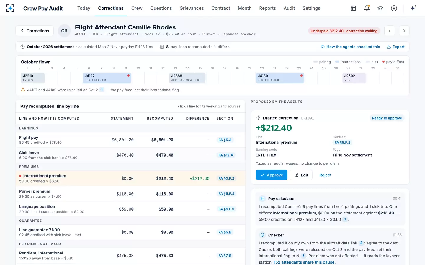 Crew Pay Audit — A statement recomputed line by line