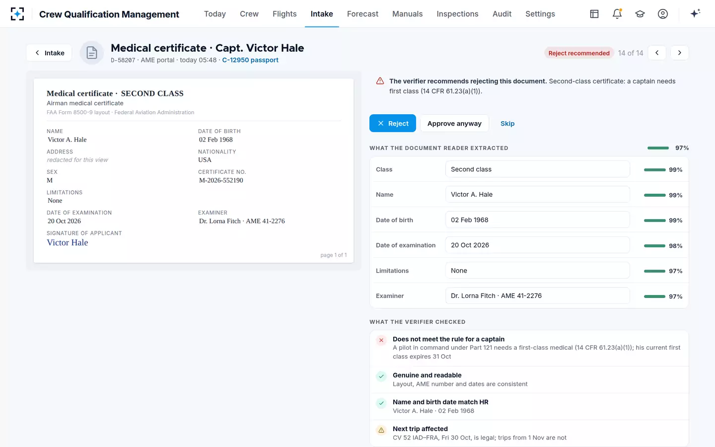 Crew Qualification Management — Record review beside the document