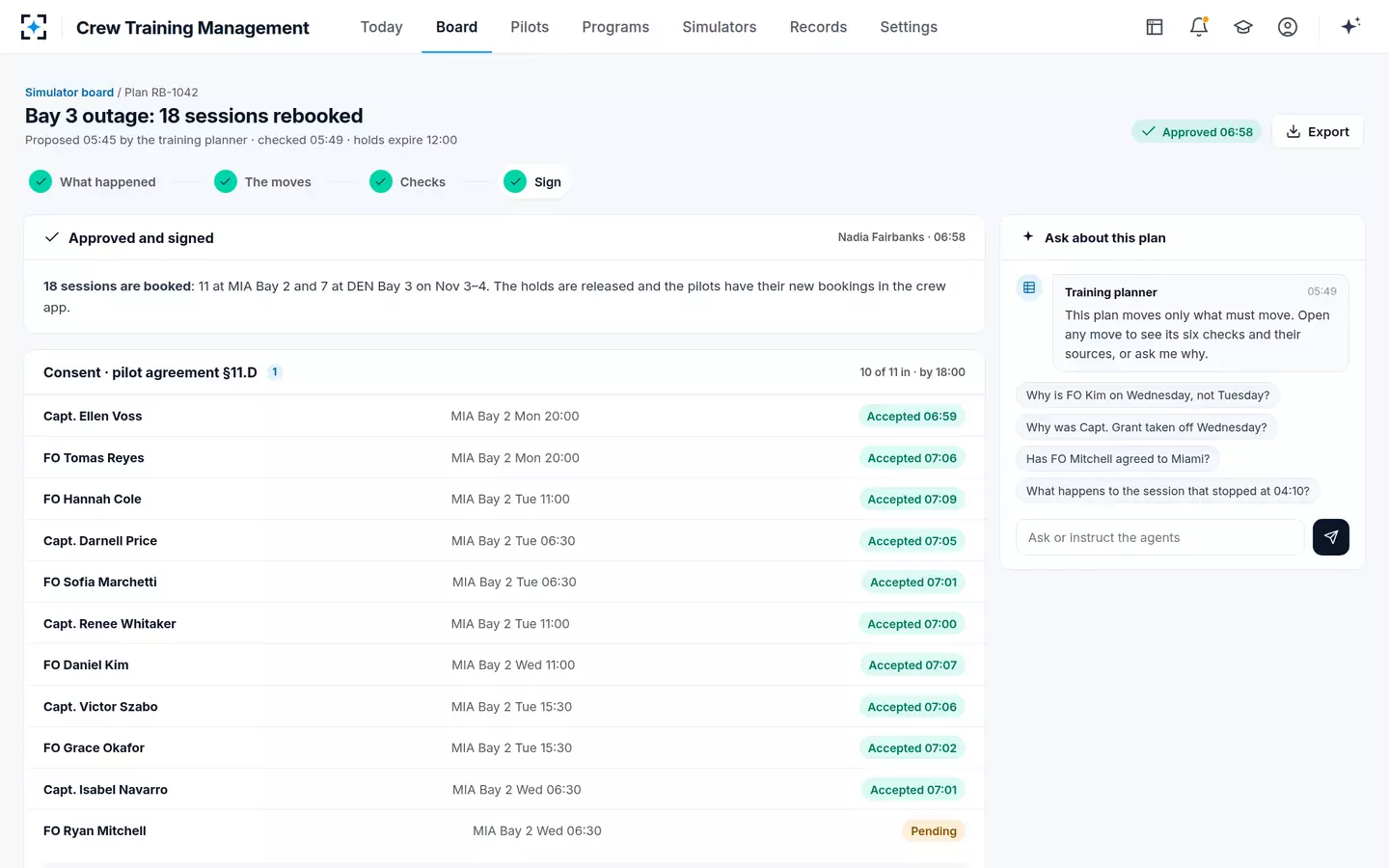 Crew Training Management — Rebooked, with consent tracked