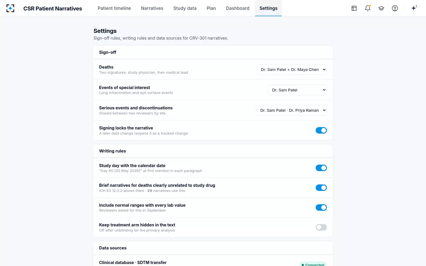 CSR Patient Narratives — Settings