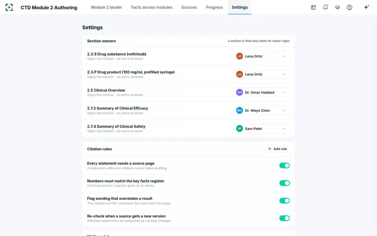 CTD Module 2 Authoring — Settings