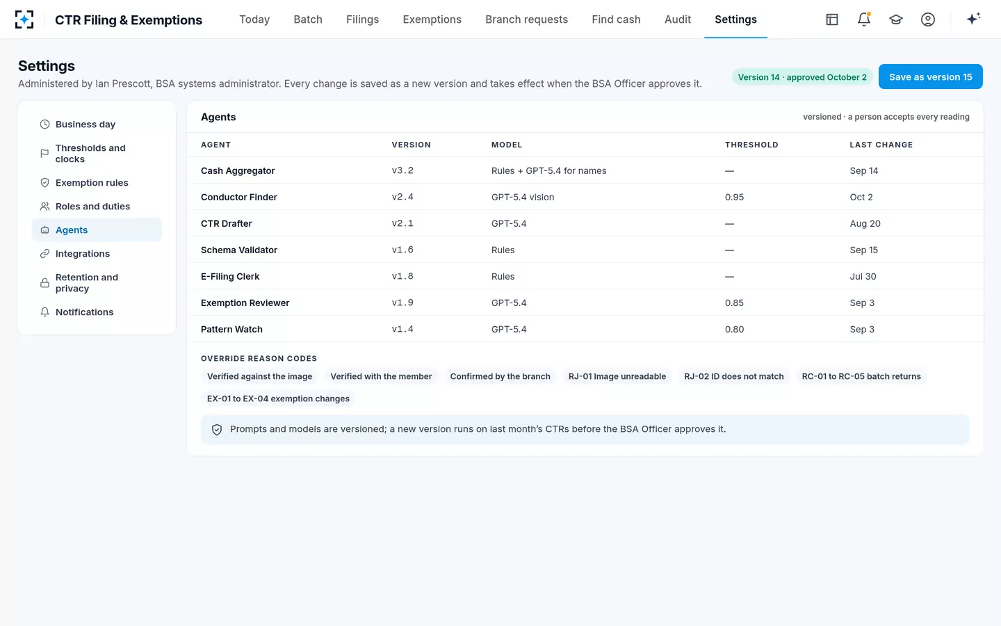 CTR Filing & Exemptions — Agents and settings