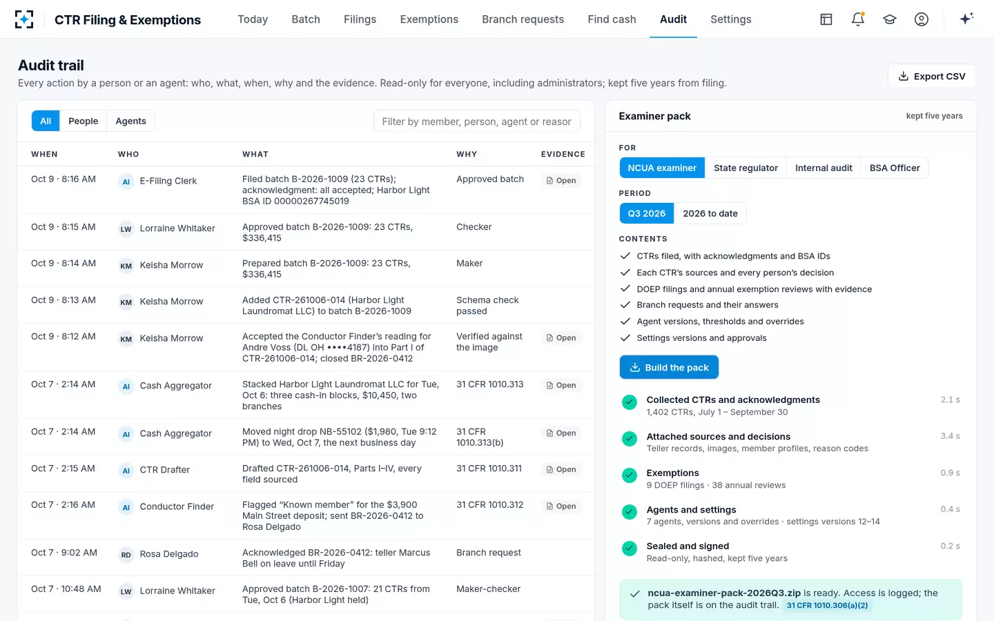 CTR Filing & Exemptions — Audit trail and examiner pack