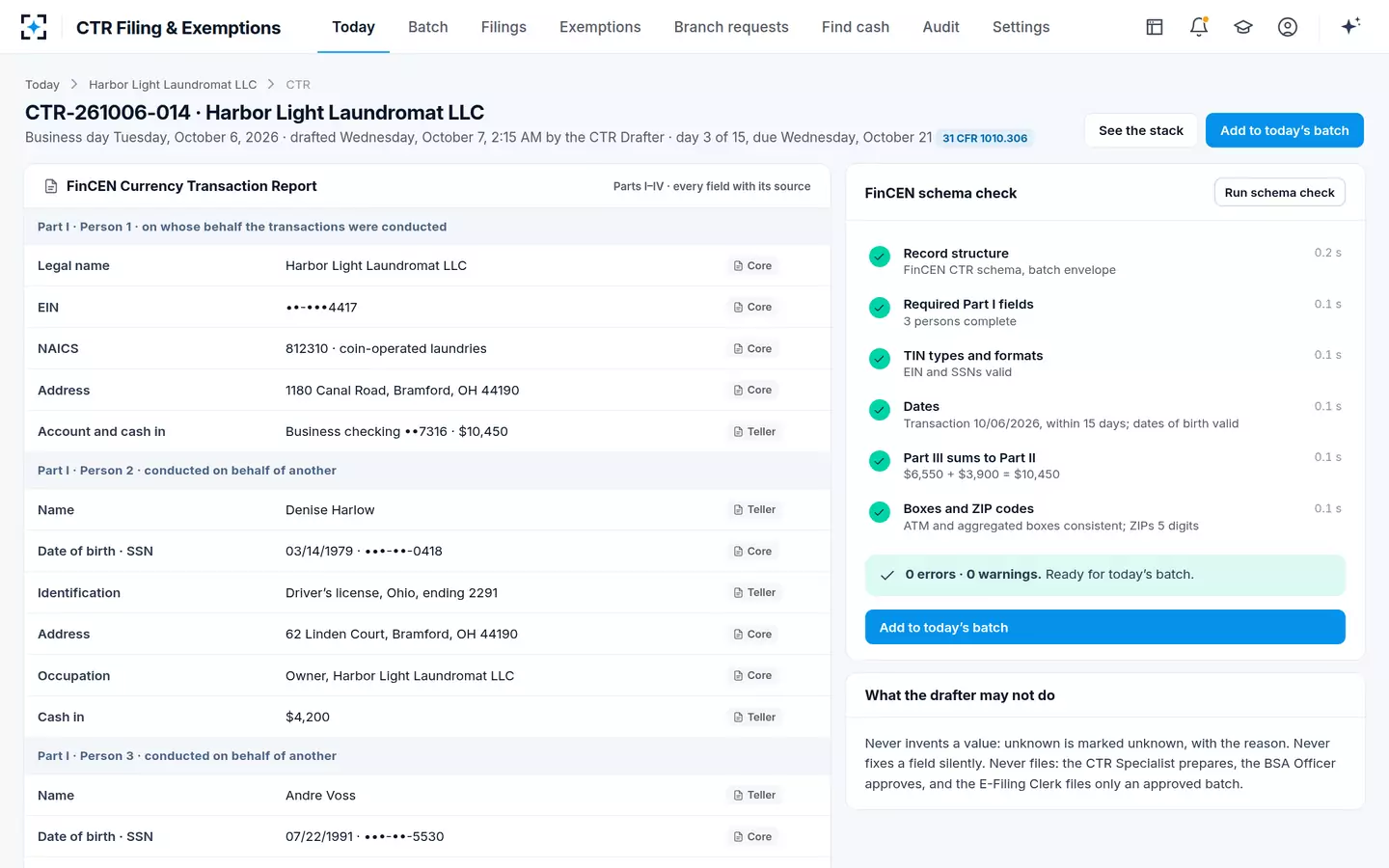 CTR Filing & Exemptions — The CTR, every field sourced
