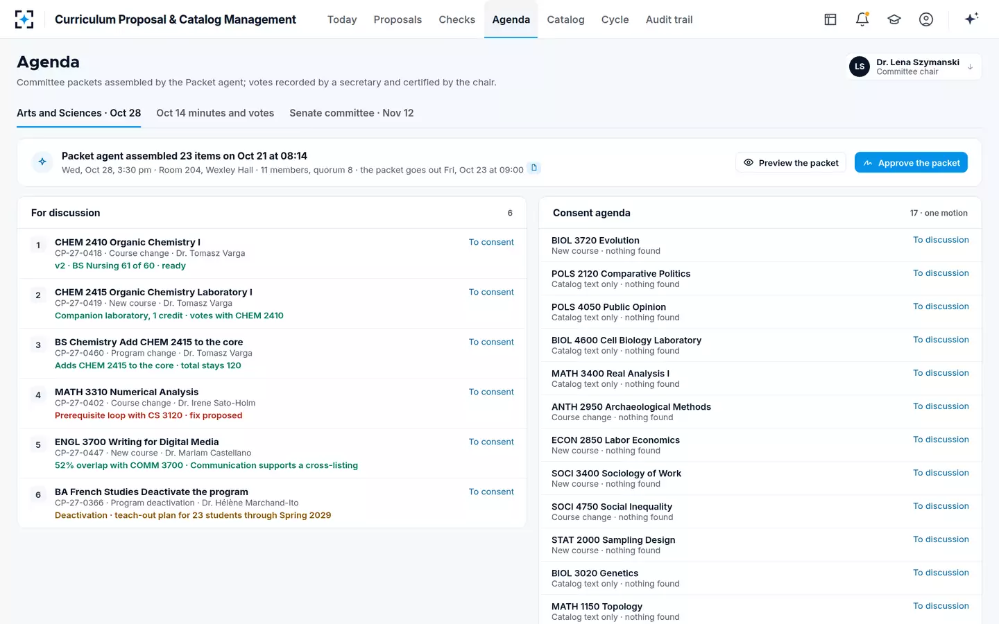 Curriculum Proposal & Catalog Management — The curriculum committee agenda, assembled by the Packet agent