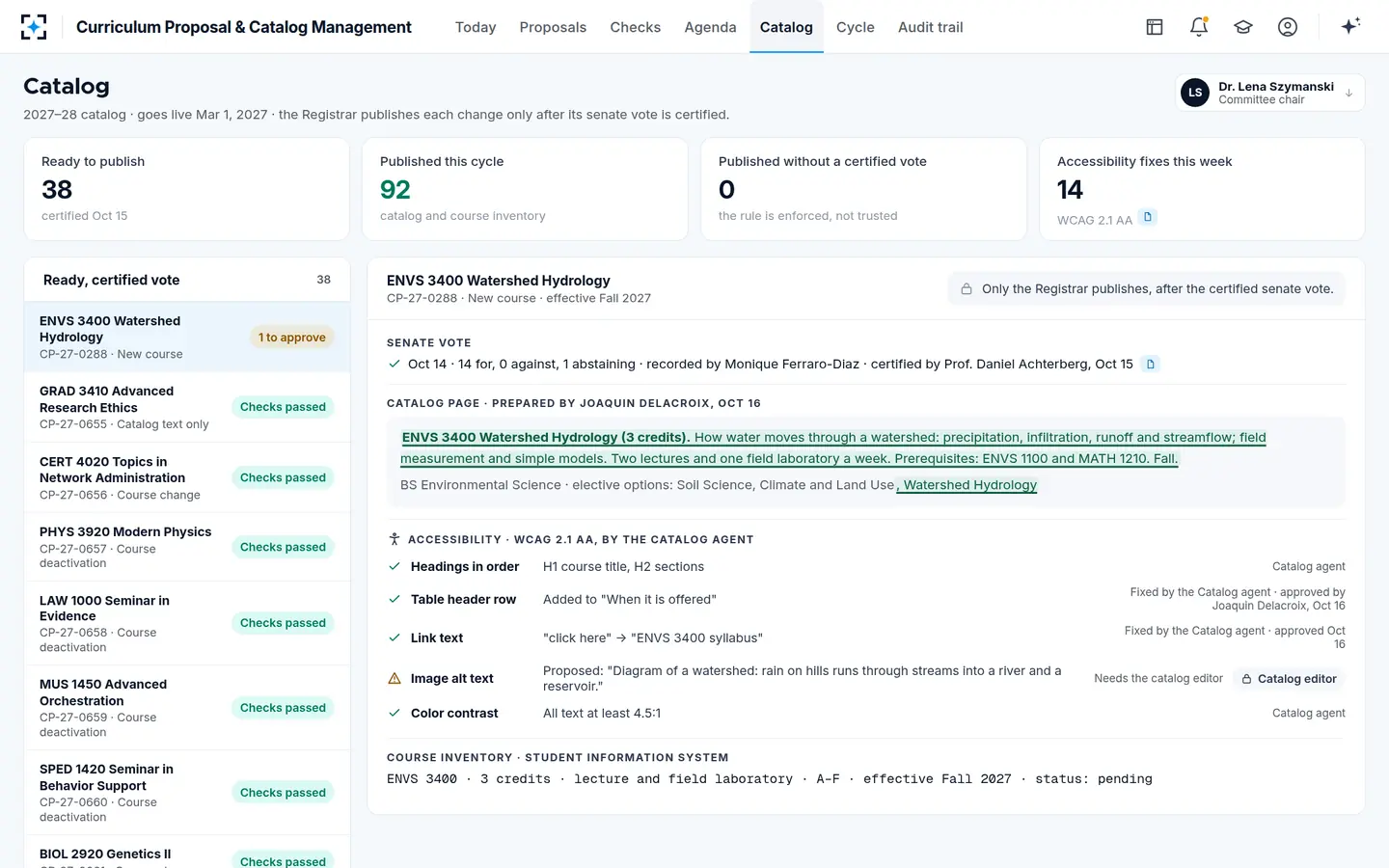Curriculum Proposal & Catalog Management — Catalog management: the Registrar publishes only after a certified senate vote