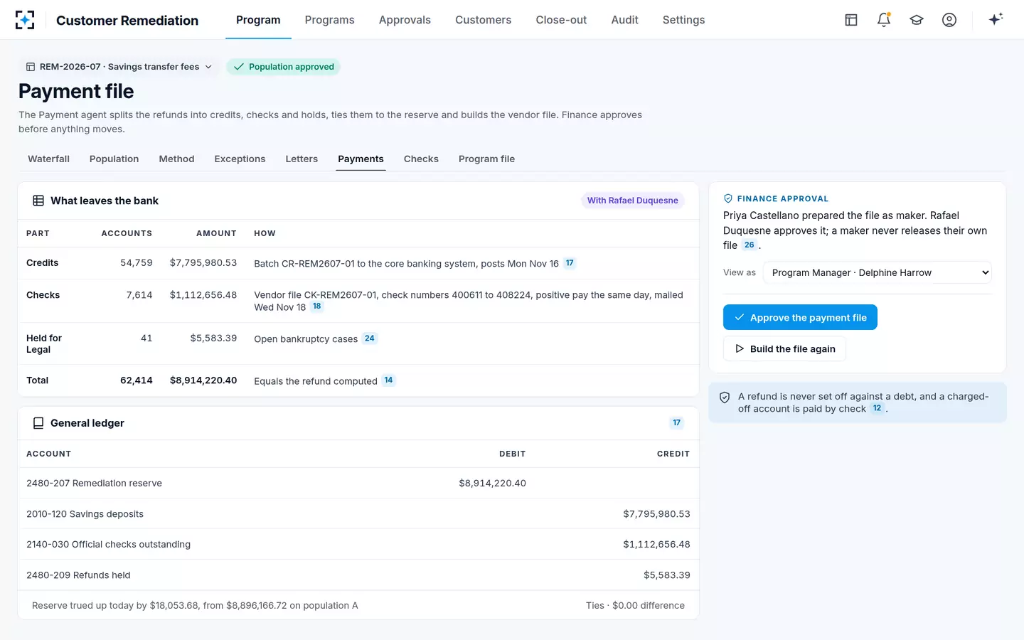 Customer Remediation — The payment file and ledger entries